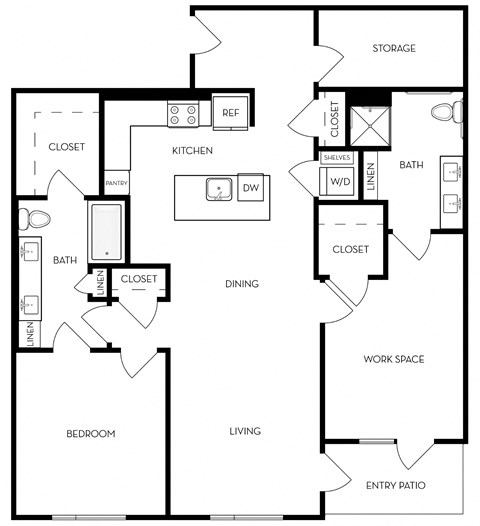 Floor plan for 2 beds, 2 baths, 1305 sqft